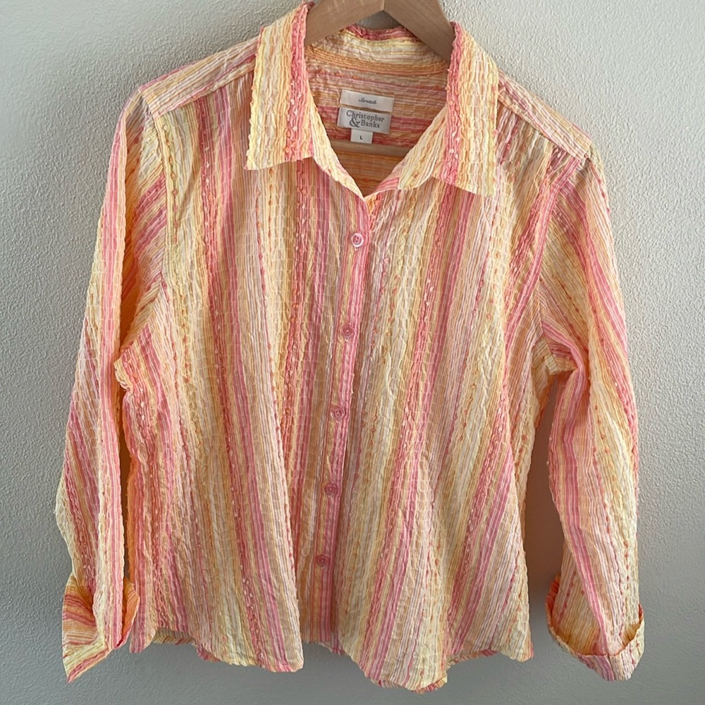 Christopher & Banks women’s button up top stretch crinkle fabric | size L
